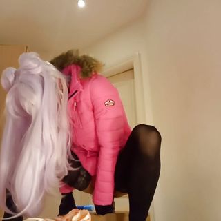 Jess Silk Riding Dildo In Hot Pink Satin Dress And Hot Pink Jacket With Long Purple Wig free video